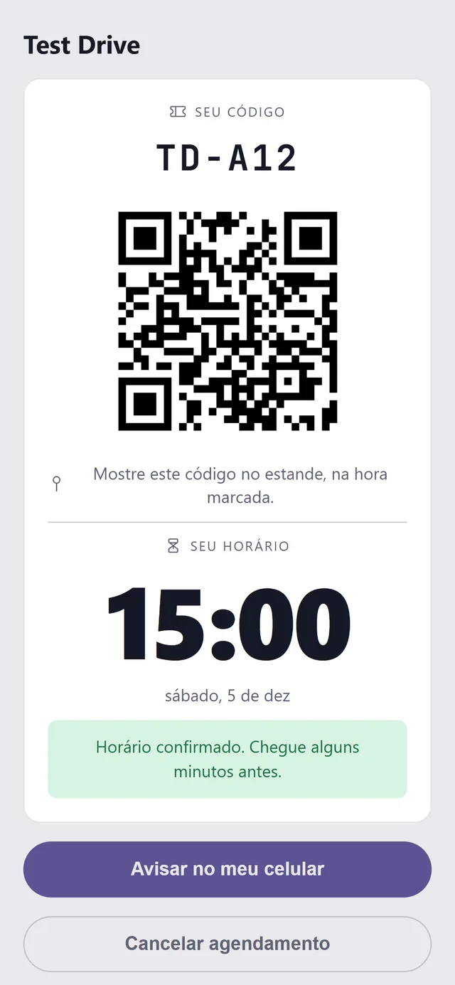 Tela do comprovante no celular, com o código TD-A12, o QR e o horário das 15:00