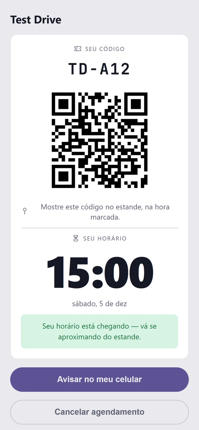 Tela do comprovante avisando que o horário está chegando